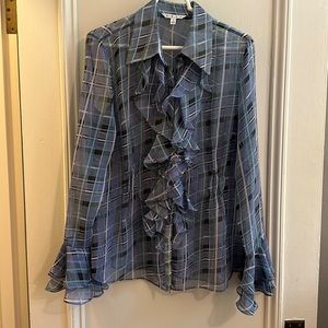 CAbi Blue Plaid Ruffle Blouse